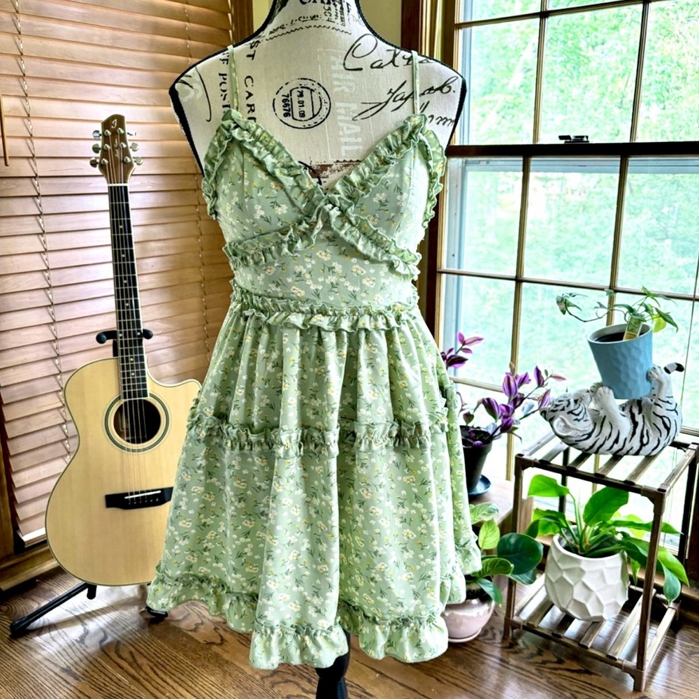 Green and Yellow Floral Ruffle Boutique Summer Dress Size XS